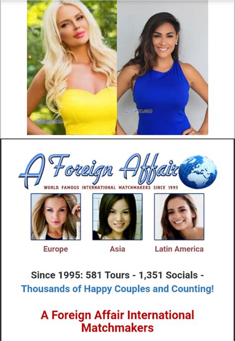 A foreign affair dating site reviews Discover why more Singles Tour clients place their trust in A Foreign Affair each and every year than any other tour agency! Now have all your Singles Tour questions answered by one of our Tour Representatives 7 days a week, from 9AM to 9PM MST, by calling our Tour Info line at (602) 553-8178The only tour company to offer an after-hours Tour Info Line to answer all of your Singles Tour questions at your convenience, not ours